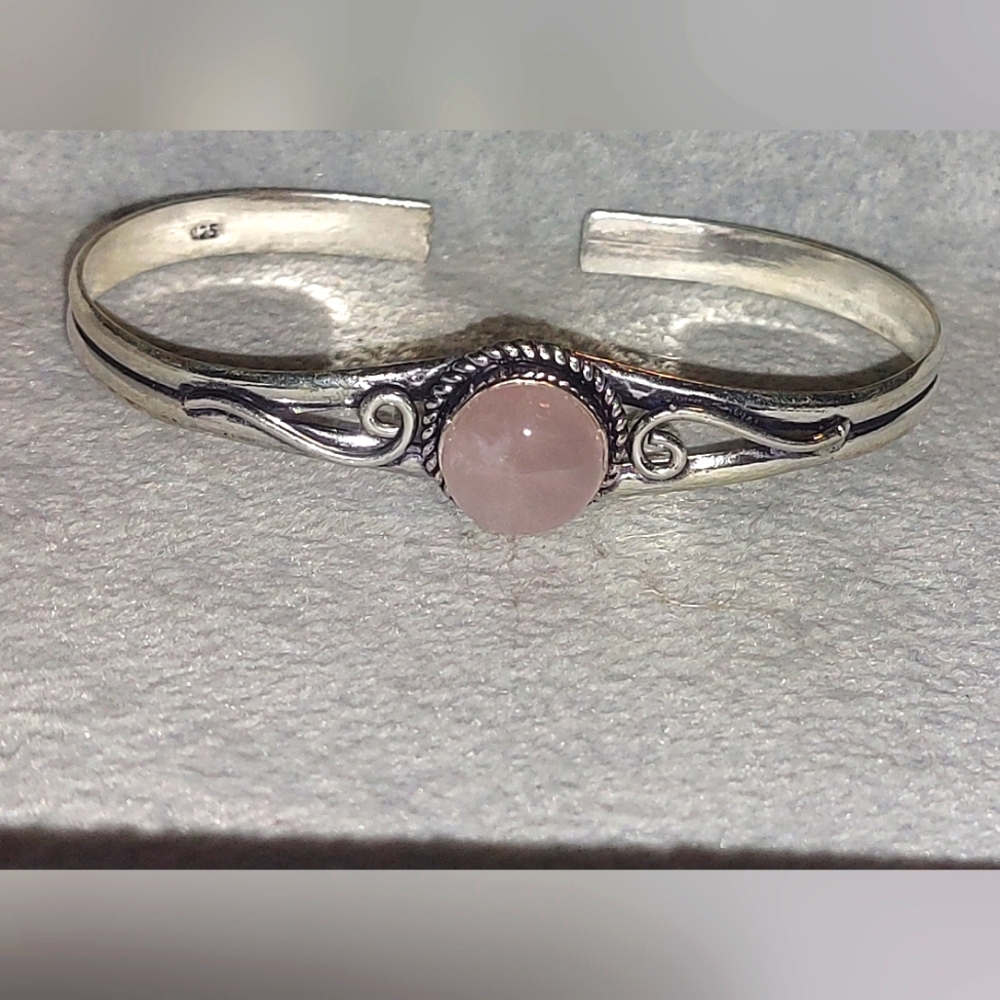 Rose Quartz  Adjustable Silver Bangle Bracelet